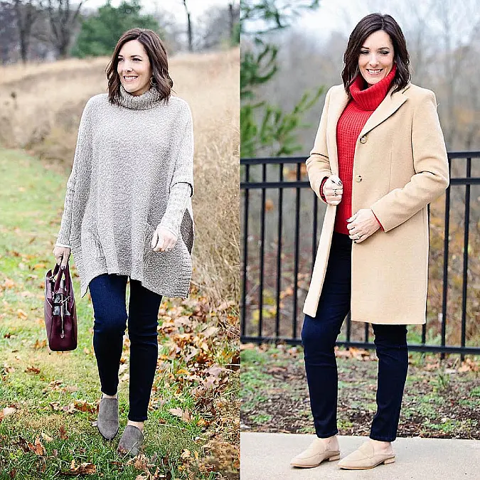 Two cozy turtleneck Thanksgiving outfits for women over 50