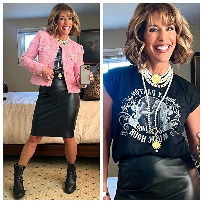 Pink tweed jacket with leather skirt Thanksgiving outfit