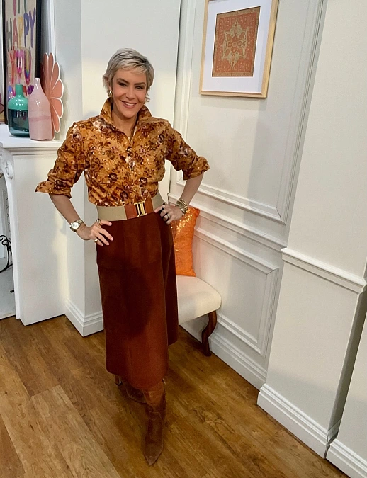 Printed blouse and cinnamon midi skirt Thanksgiving outfit