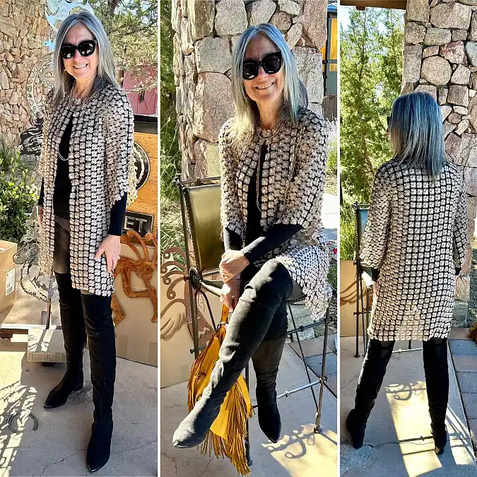 Textured long cardigan with black boots Thanksgiving outfit