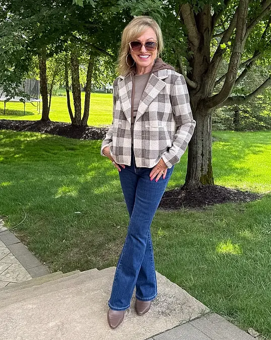 Plaid blazer with bootcut jeans Thanksgiving outfit