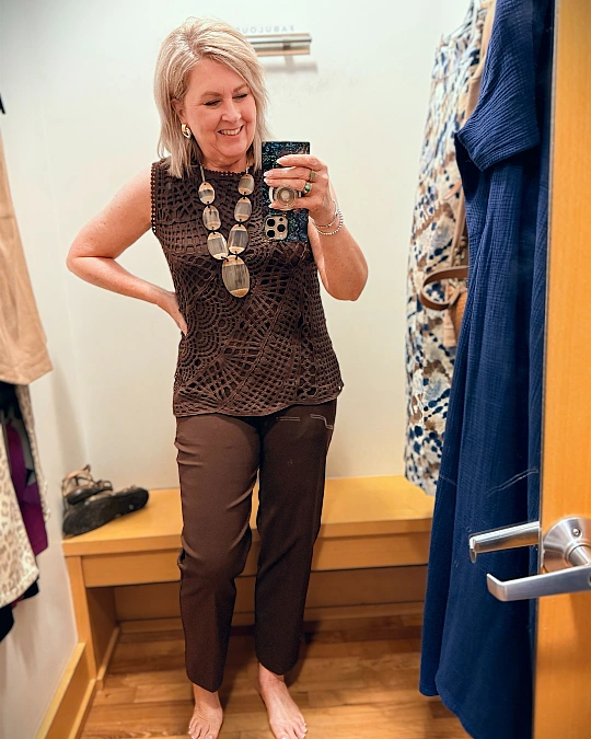 Chocolate crochet top with straight pants Thanksgiving outfit