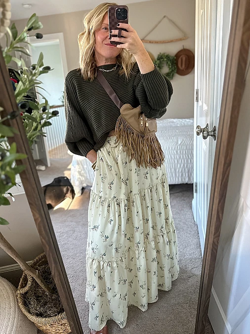 Olive sweater with floral maxi skirt Thanksgiving outfit