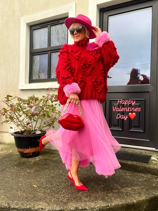 Red knit and pink tulle skirt Valentine’s Day outfit over 50