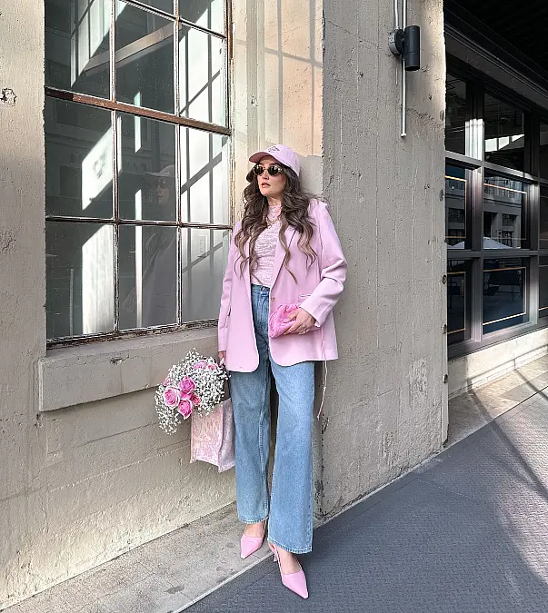 Blush blazer and wide-leg jeans Valentine’s Day outfit for women over 50
