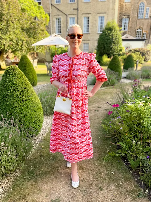 Heart print midi dress for Valentine’s Day outfits for women over 50
