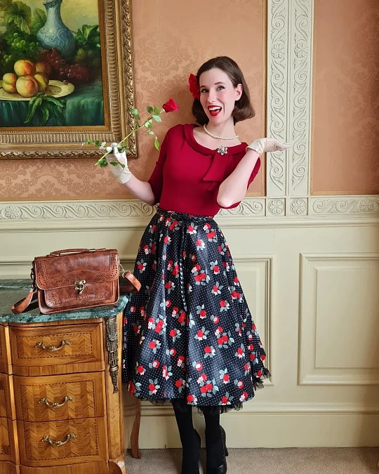 Red blouse and floral swing skirt Valentine’s Day outfit over 50