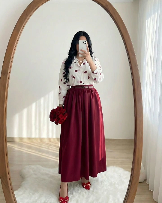 Burgundy midi skirt and heart blouse Valentine’s Day outfit for women over 50