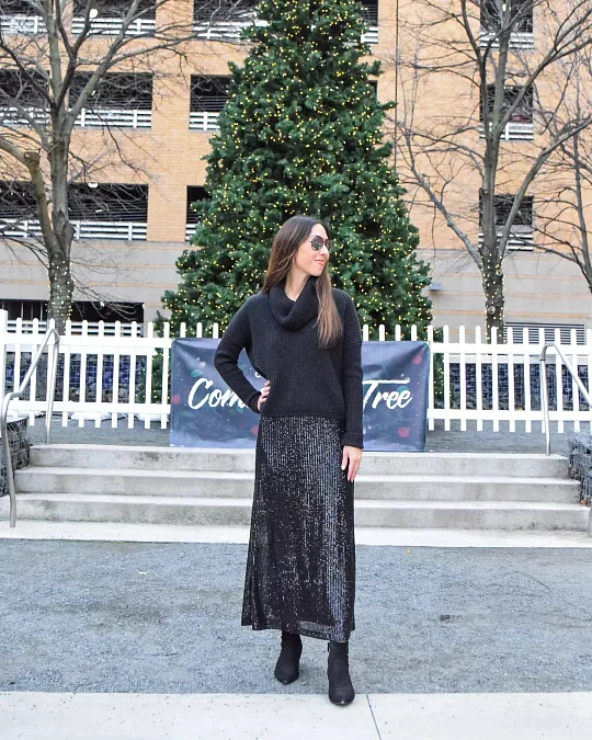 Black sweater with sequin maxi skirt New Year's Eve outfit