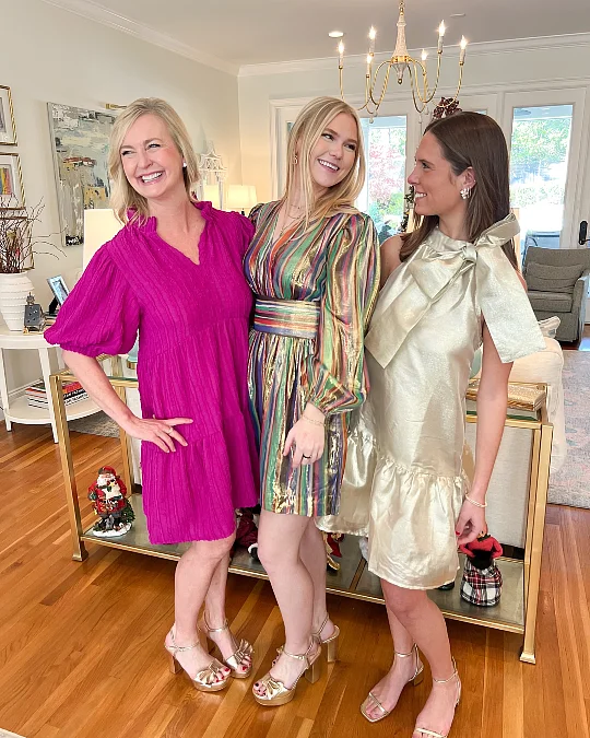 Fuchsia party dress with gold heels New Year's Eve outfit