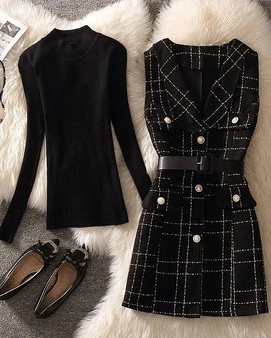 Checked dress over black knit New Year's Eve outfit