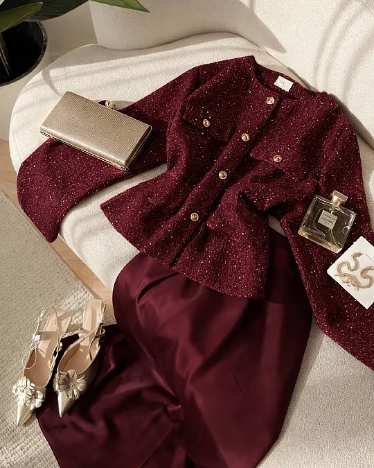 Burgundy tweed with satin separates New Year's Eve outfit