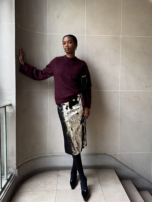 Burgundy sweater with sequin midi skirt New Year's Eve outfit