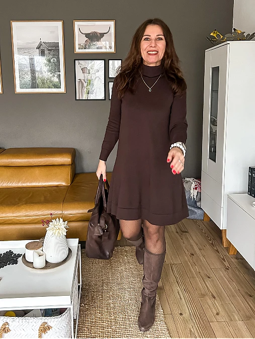 Chocolate sweater dress and tall boots winter work outfit for women over 50