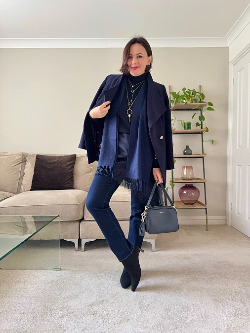 Navy blazer dark denim and turtleneck winter work outfit for women over 50