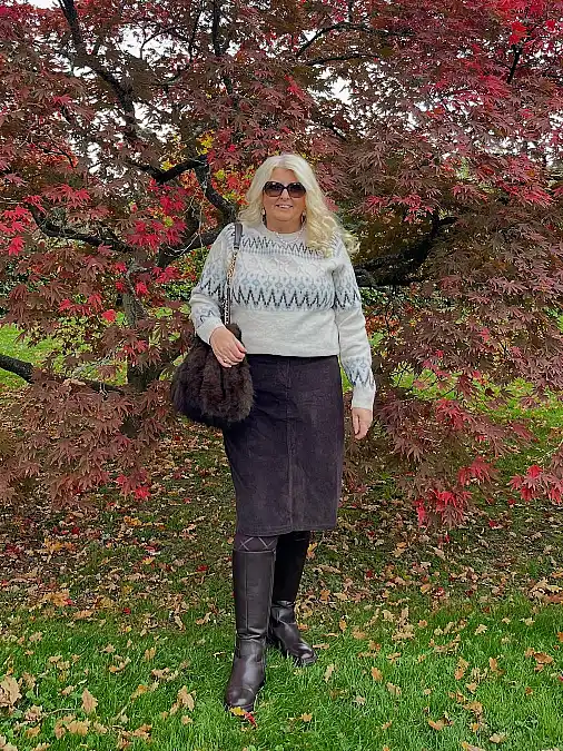 Fair Isle sweater pencil skirt and boots winter work outfit for women over 50