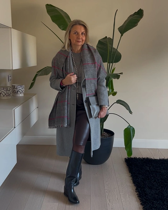 Gray coat and leather pencil skirt winter work outfit for women over 50