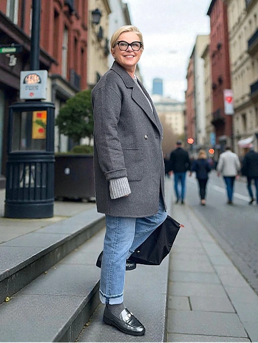 Gray coat jeans and loafers winter work outfit for women over 50