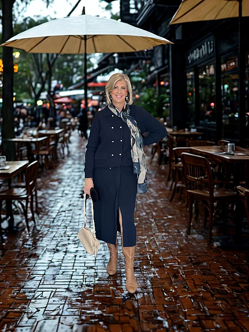 Navy knit set and camel boots winter work outfit for women over 50