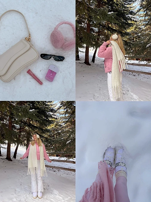 Soft pink and winter white snowbird outfit for women over 50