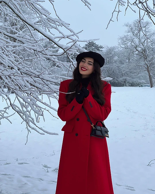 Red coat with black accents snowbird outfit for women over 50