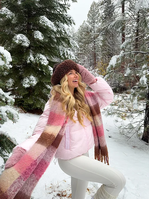 Blush pink layers and plaid snowbird outfit for women over 50