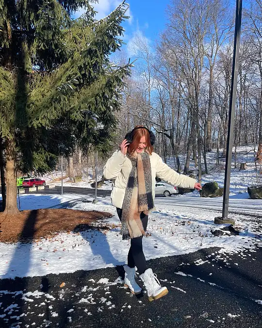 Cream puffer with neutral plaid scarf snowbird outfit over 50