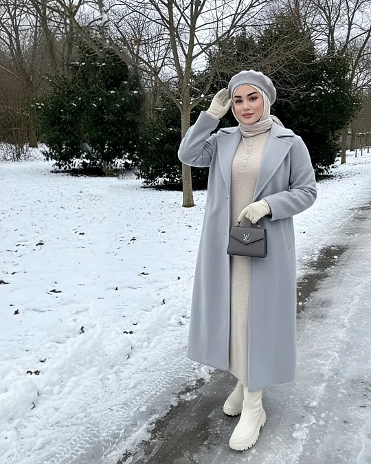 Powder blue coat and cream knit dress snowbird outfit over 50