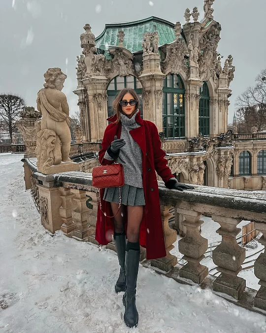 Burgundy coat and gray layers snowbird outfit for women over 50