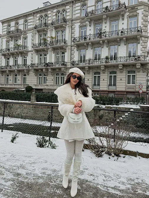 Winter white beret and knee boots outfit for women over 50