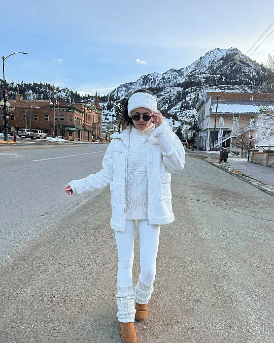 Winter white knit outfit with camel boots for women over 50