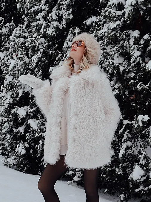Soft ivory faux fur snowbird outfit for women over 50