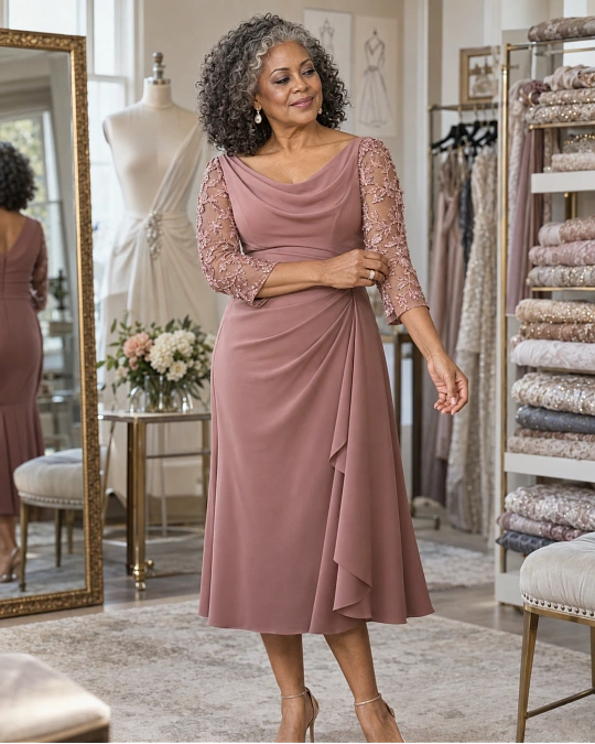Elegant fabrics necklines and sleeves for mother of the bride over 50