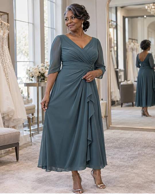 Elegant mother of the groom outfit over 50 with a clean flattering silhouette