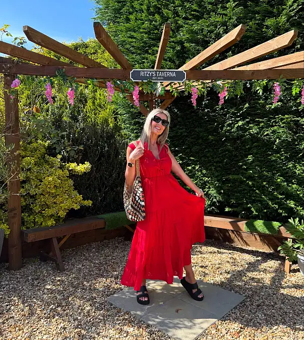 Bright red tiered holiday dress for women over 50