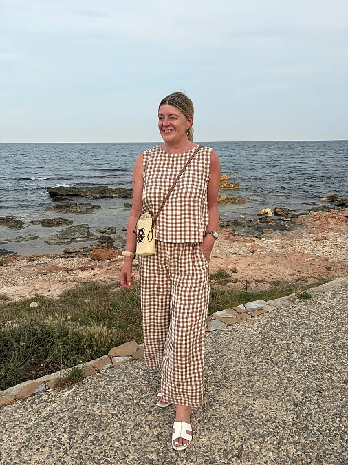 Brown gingham matching set holiday outfit for women over 50