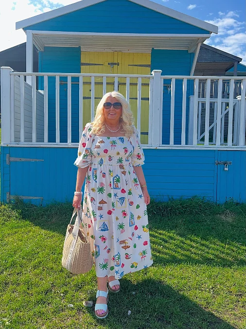 Playful coastal print holiday dress for women over 50