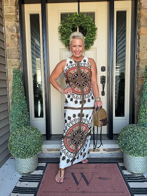 Ornate printed maxi dress holiday outfit for women over 50