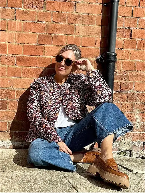 Floral jacket with wide-leg jeans autumn outfit for women over 50