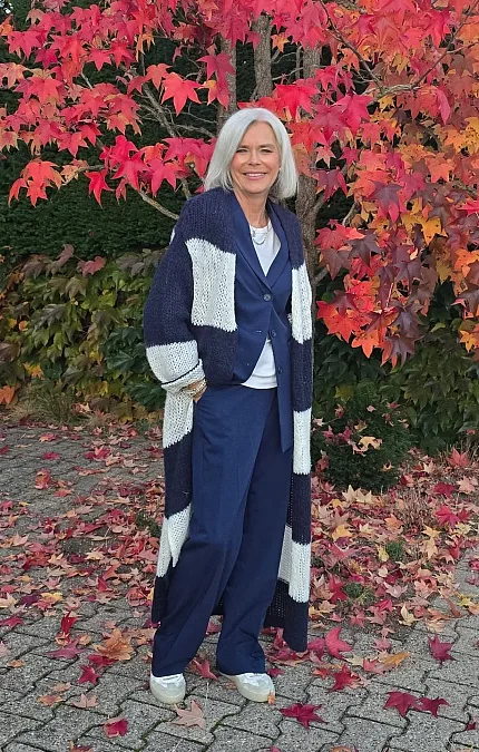 Navy layers and striped cardigan autumn outfit for women over 50