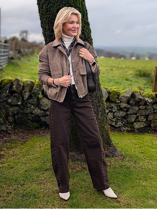 Taupe jacket and chocolate trousers autumn outfit for women over 50