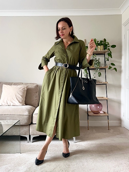 Olive shirt dress with black accessories fall outfit for women over 50