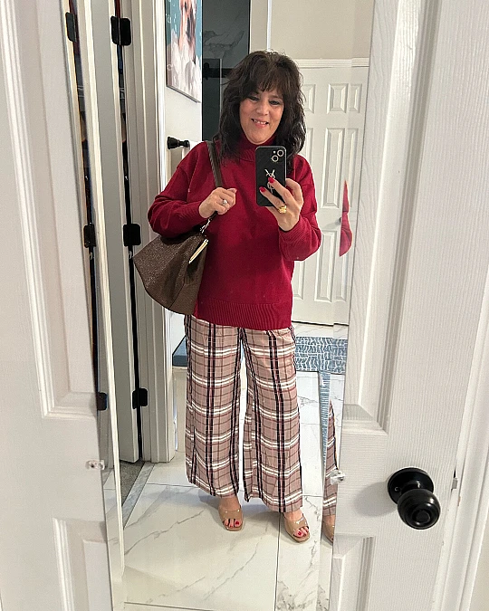 Burgundy knit and plaid trousers autumn outfit for women over 50