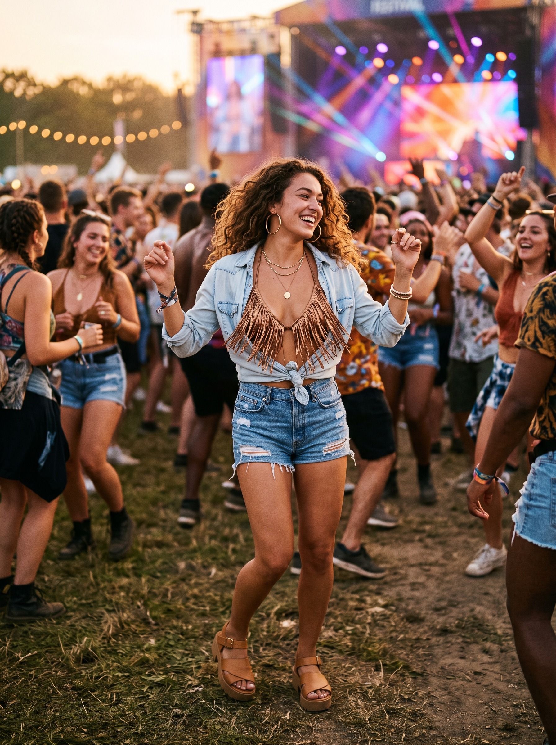 Metallic fringe top and denim shorts Coachella outfit idea