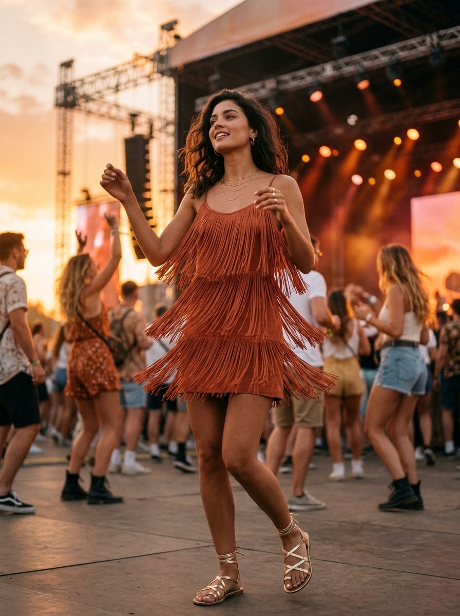 Fringe mini dress Coachella outfit idea for festival night