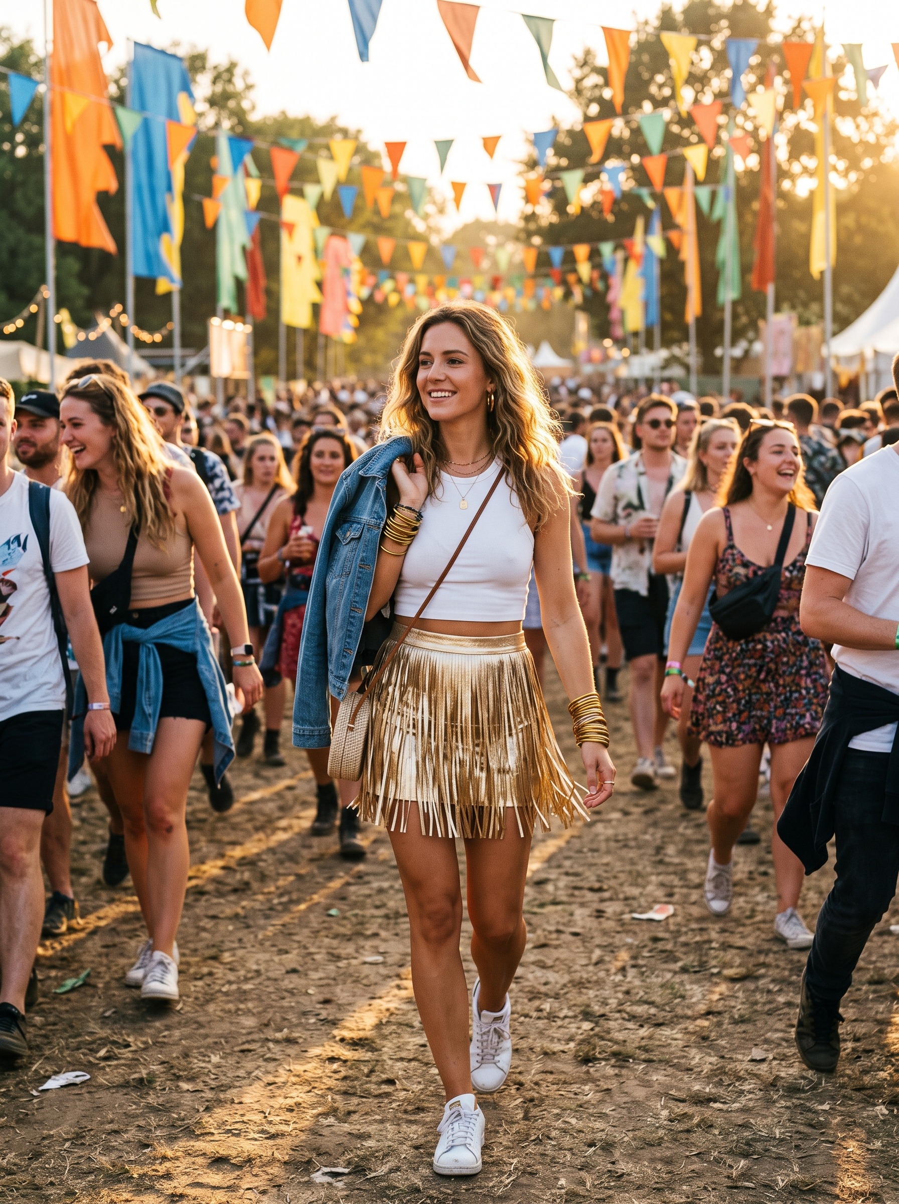 Metallic fringe skirt and white crop top Coachella outfit idea