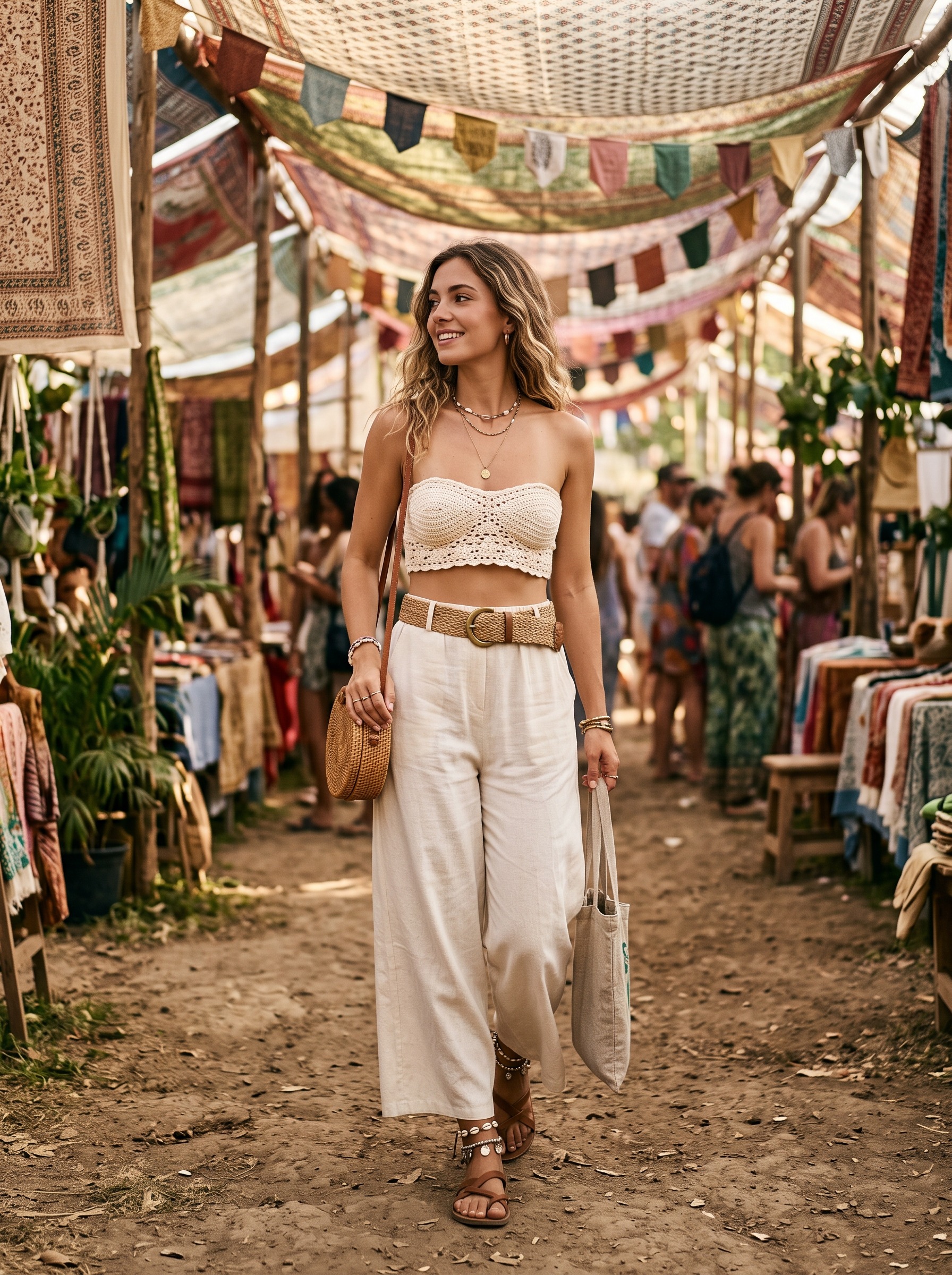 Bandeau top and wide leg pants Coachella outfit idea