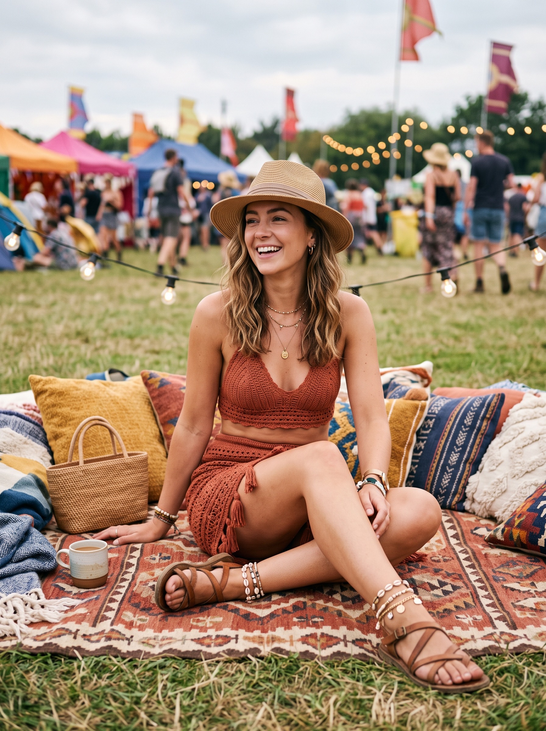 Crochet two piece Coachella outfit idea in warm terracotta