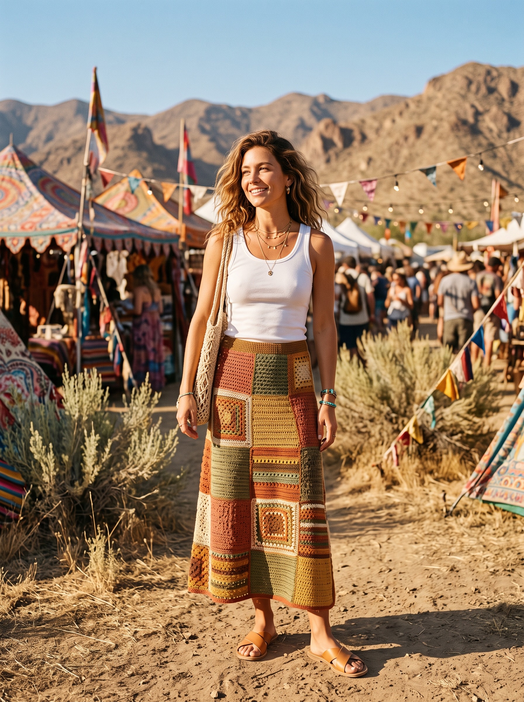 Patchwork crochet maxi skirt Coachella outfit idea