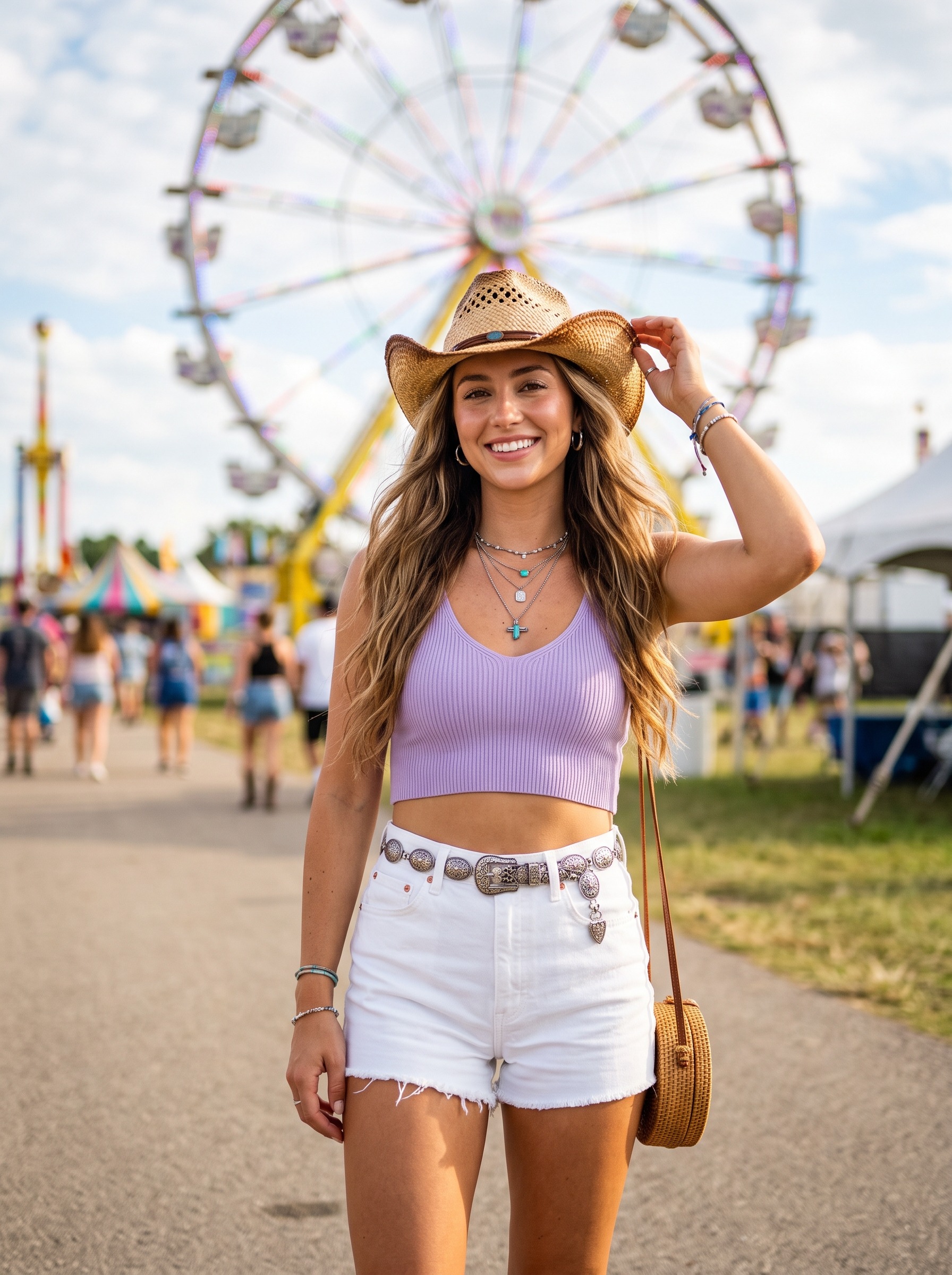 Cowboy hat and crop top Coachella outfit idea with white denim shorts